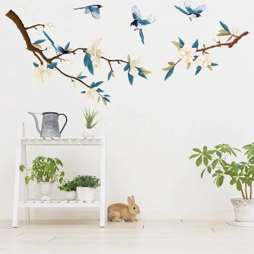 Miniatura 13 de SUPERDANT Calcomanías de pared de ramas de ciruelo, pájaros, calcomanías de pared de flores rosas, calcomanías de decoración de pared, calcomanías