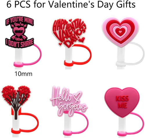 Miniatura 7 de 6 fundas para pajilla, 6 unidades, con diseño de corazón de silicona, para vasos con asa, protector de tapones a prueba de polvo, reutilizables