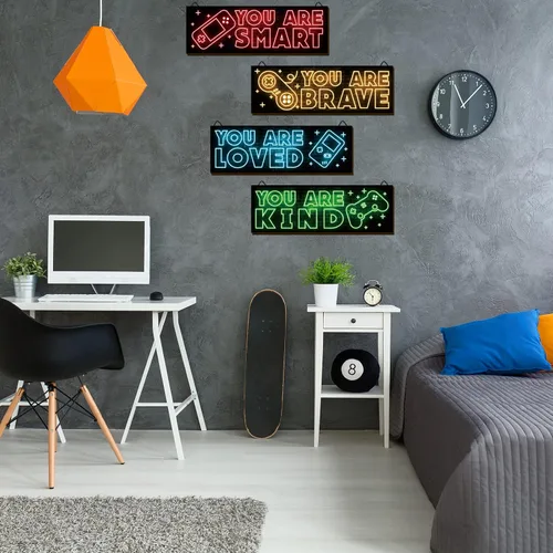 Miniatura 5 de YLOLUL 4 piezas de impresiones de arte de juegos neón, decoración de pared de madera para habitación de niños, decoraciones para jugadores