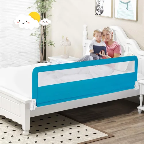 Miniatura 9 de BABY JOY Rieles de cama para niños pequeños, 59 pulgadas, extra largo, protector de cama abatible con correa de seguridad, barandilla plegable