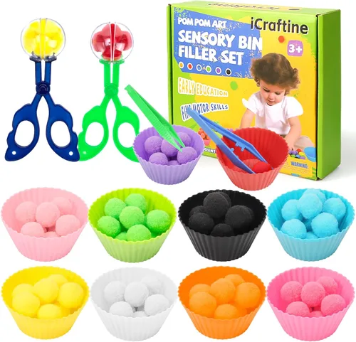 114 piezas de relleno para contenedor sensorial de habilidades motoras finas, incluye 10 tazones de clasificación, 100 pompones, 2 pinzas, 2