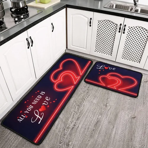 Miniatura 4 de Juego de 2 alfombras y tapetes de cocina, para el día de San Valentín, decoración de corazón rojo, antideslizantes, parte trasera de goma