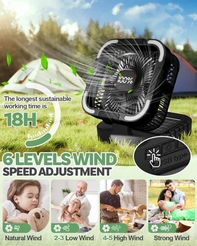Miniatura 2 de Ventilador solar de campamento de 25000 mAh, ventilador solar recargable de oscilación de 120° con luz LED, 6 velocidades ajustables, ventiladores