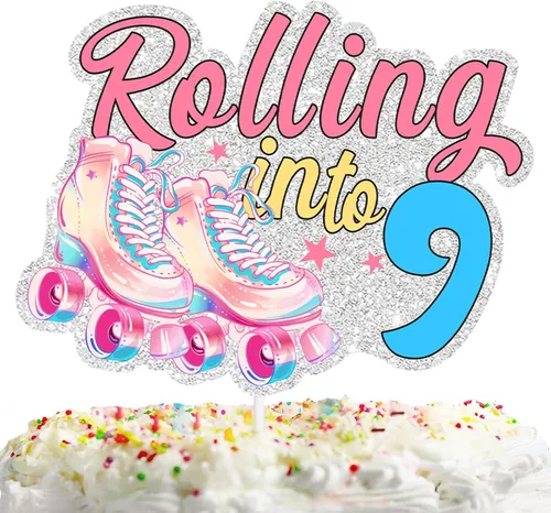 Miniatura 4 de Patines rosados con purpurina para tartas para niños y niñas que se enrollan en 6 suministros de decoración de fiesta de cumpleaños de los años 80