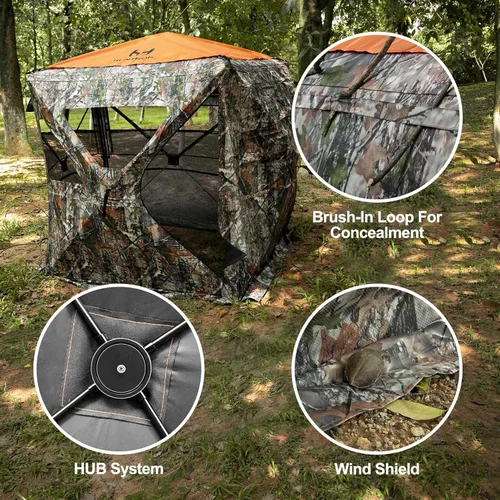 Miniatura 7 de Hunting Blind for 2-3 Person, See-Through Ground Blind with Silent Zipper and Orange Top, Portable Pop-Up Tent for Deer and Turkey Hunting with