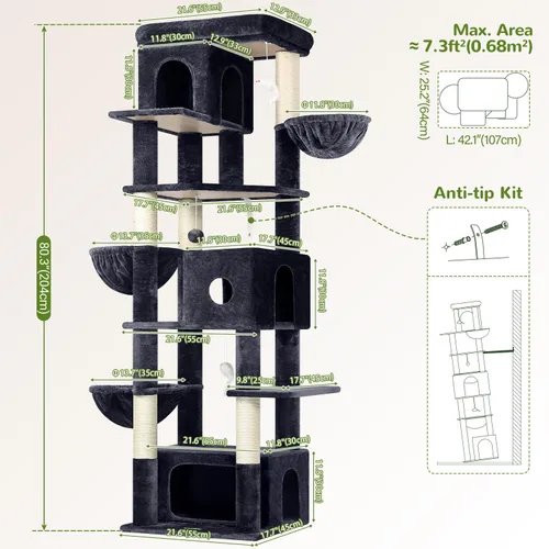 Miniatura 6 de Globlazer Árbol grande para gatos, torre de escalada de varios niveles de 80 pulgadas de alto, condominios para gatos, torre rascador para Gris