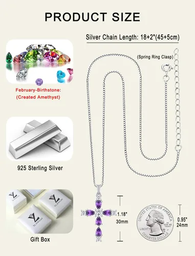 Miniatura 80 de YL Collar de cruz de plata de ley 925 con colgante de piedra natal religiosa para mujer