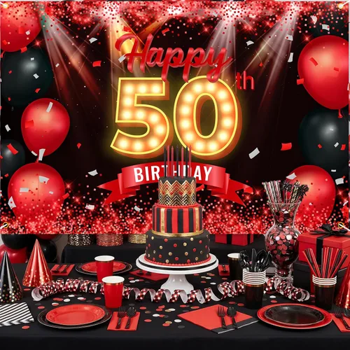 Miniatura 5 de Cartel de feliz cumpleaños 50 años, fondo rojo y negro, decoraciones de cumpleaños para mujeres y hombres de 50 años, artículos de fotografía