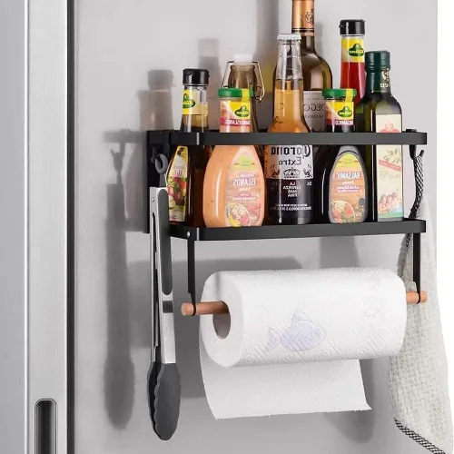 Estante magnético para especias para refrigerador, soporte magnético para toallas de papel para refrigerador, estante magnético, 2 ganchos,