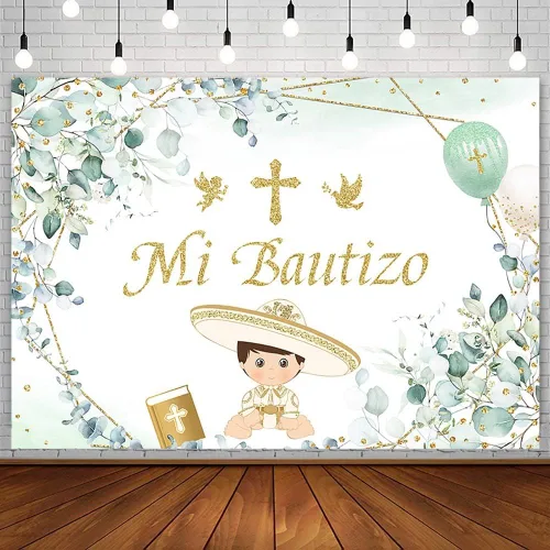 Miniatura 9 de AIBIIN Telón de fondo Mi Bautizo de 7 x 5 pies, suministros de decoración de fiesta de bautizo, globo floral azul, cruz dorada, ángel de fotografía