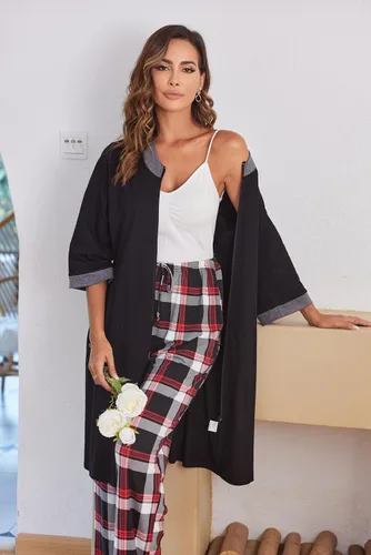 Miniatura 2 de Ekouaer - Pantalones cómodos de pijama, con bolsillos, a cuadros, elásticos y con cordón, para mujer