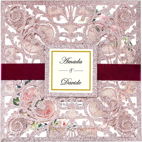 Miniatura 9 de Tarjetas de invitaciones de boda cuadradas de 6.3 x 6.3 pulgadas, corte calado mediante láser, diseño floral, con banda dorada y sobres blancos