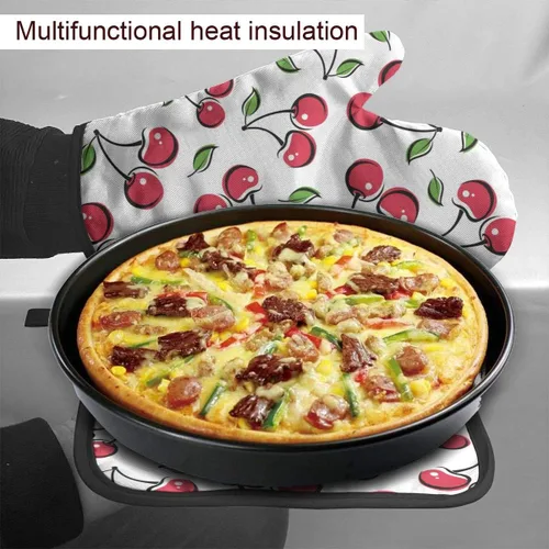 Miniatura 5 de Juego de 2 guantes de horno y soportes para ollas de cereza roja, resistentes al calor, con superficie antideslizante para una barbacoa segura