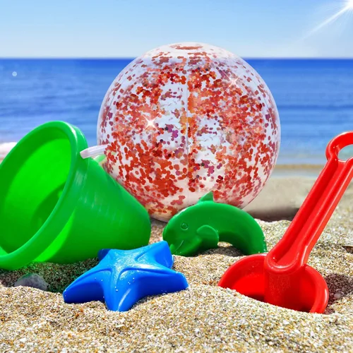 Miniatura 5 de Hsei 3 unidades de bola de playa inflable de 16 pulgadas con purpurina, bolas de discoteca de piscina de verano con confeti, flotables, juguetes Oro