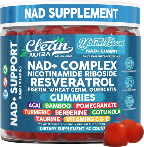 Gomas de Suplemento Youth Bloom NAD+ con Resveratrol, Fisetin, Germen de Trigo, Berberina, Taurina, Cúrcuma, Colágeno, Astaxantina, Nicotinamida,