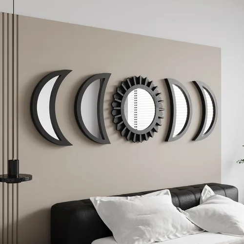 WAKOSAN Espejo de Pared, Juego de Espejos de Fases Lunares, Decoración de Pared para Dormitorio, Bohemio 5 Piezas de Madera y Vidrio Real con