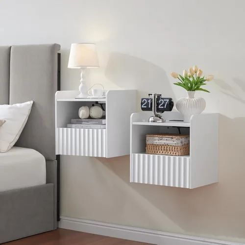 Miniatura 10 de BuildHom Moderna mesita de noche flotante acanalada montada en la pared, juego de 2 mesitas de noche con cajón de almacenamiento y estante