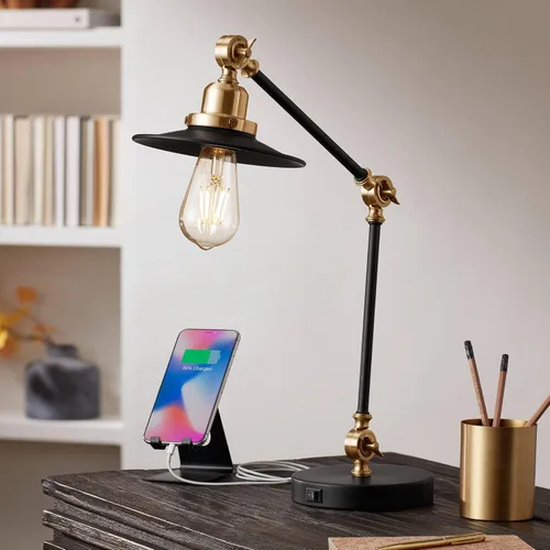 360 Lighting Taurus - Lámpara de mesa de escritorio industrial rústica occidental de 20 pulgadas con puertos USB A+C, carga ajustable, metal negro