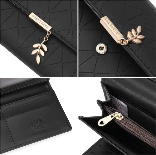 Miniatura 3 de aurrako Carteras de cuero para mujer, tarjetero de cuero RFID, triple pliegue, monedas, bolsillo con cremallera y ventana de identificación, gran