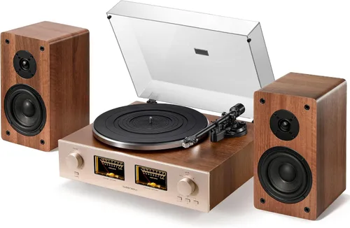 QLEARSOUL HiFire X - Reproductor de discos de vinilo, sistema de tocadiscos de alta fidelidad audiófilo con altavoces de estantería de 100 W,