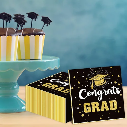 Miniatura 4 de Servilletas de fiesta de graduación negras y doradas 2026 Servilletas de graduación de felicitaciones de graduación con temática de felicitación