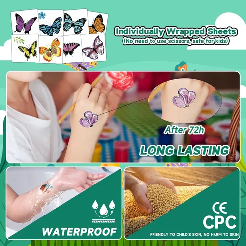 Miniatura 4 de EMOME 50 hojas de tatuajes temporales de mariposa para niñas, tatuajes envueltos individualmente para fiestas de cumpleaños de mariposas