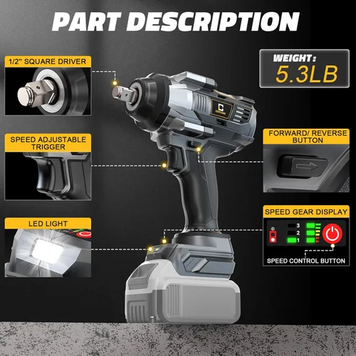 Miniatura 6 de Llave de impacto inalámbrica de 1/2 pulgada compatible con batería Dewalt, 1000 pie-libras (1360 N.m) pistola de impacto eléctrica sin escobillas