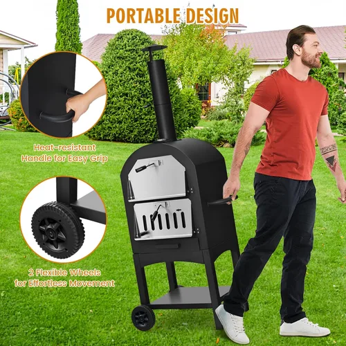 Miniatura 3 de Happygrill Horno de pizza para exteriores de leña, pizzero portátil con parrilla y piedra, rejillas de cocción, termómetro incorporado, cubierta