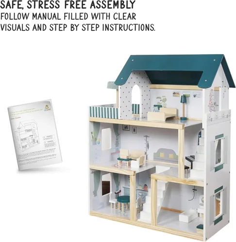 Miniatura 4 de Lil' Jumbl Casa de muñecas de madera para niños, incluye 17 piezas de accesorios y muebles, con balcón y escaleras, casa de muñecas de 3 pisos fácil