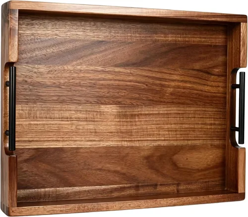 Joy&Grace Bandeja otomana para sala de estar, bandeja grande de madera de acacia con asas para mesa de café, desayuno en la cama, cena de comida,