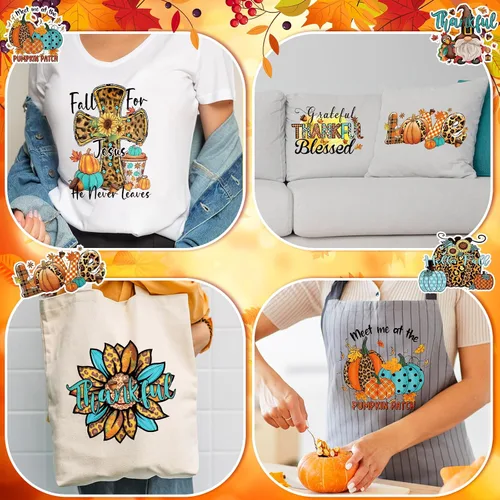 Miniatura 7 de Estune 30 parches de transferencia para planchar de Acción de Gracias, transferencia DTF de otoño, listos para prensar, calabaza, pavo, vinilo