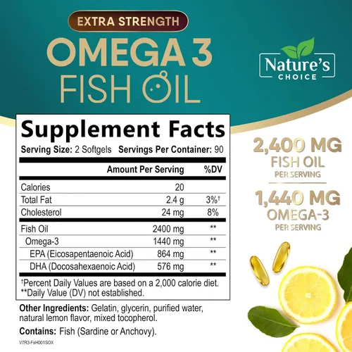 Miniatura 2 de Suplementos de aceite de pescado Omega 3 – 2400 mg de aceite de pescado por porción – Omega-3 de triple fuerza con ácidos grasos EPA y DHA – Apoyo