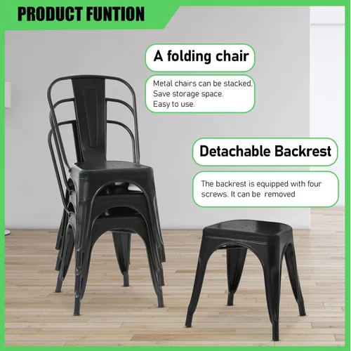 Miniatura 6 de Dopinmin Juego de 4 sillas de comedor modernas de metal negro, apilables, sillas de patio para interiores y exteriores, altura del asiento de 18 pies