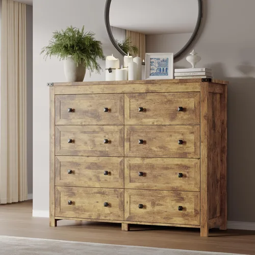 Miniatura 12 de BORNOON Cómoda de 9 cajones, moderna cómoda de almacenamiento de madera, soporte de TV, organizador de cajones de madera con asas de metal