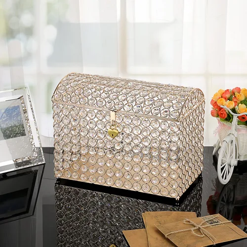 Miniatura 8 de ELLDOO Caja de tarjetas de boda de cristal con cierre de corazón, 12.6 x 6.3 x 9.4 pulgadas, caja de tarjetas de dinero estilo cofre del tesoro