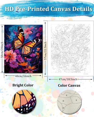 Miniatura 3 de TOCARE Kit de pintura por números de mariposas y flores para adultos principiantes, lienzo de pintura para adultos por números, juegos de pintura