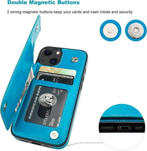 Miniatura 7 de Vaburs Funda compatible con iPhone 13 con tarjetero y diseño de mandala en relieve, de piel sintética, doble botones, a prueba de golpes, para Azul