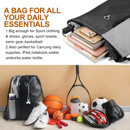 Miniatura 3 de Mochila con cordón, con estilo deportivo, bolsa de gimnasio para mujeres, hombres y niños, bolsa de gran tamaño con zíper y bolsillos de malla
