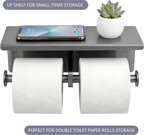 Miniatura 4 de Soporte de papel higiénico doble de acero inoxidable con estante de almacenamiento para teléfono (gris)
