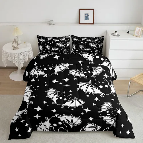 Miniatura 24 de Erosebridal Juego de ropa de cama de murciélago de Halloween, tamaño individual, juego de edredón de estrellas con purpurina y galaxia para niños