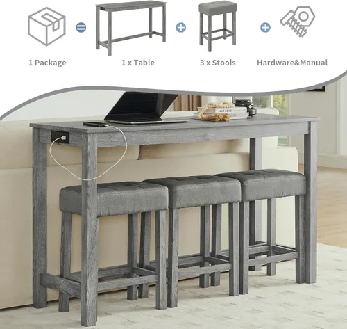 Miniatura 7 de Juego de mesa de bar industrial de 59" de 4 piezas con toma de corriente incorporada, mesa de sofá detrás del sofá con 3 taburetes tapizados