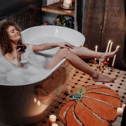 Miniatura 8 de YRXRUS Tapetes de baño con diseño de calabaza de Halloween, con forma de calabaza, lavable a máquina, alfombra naranja para sala de estar