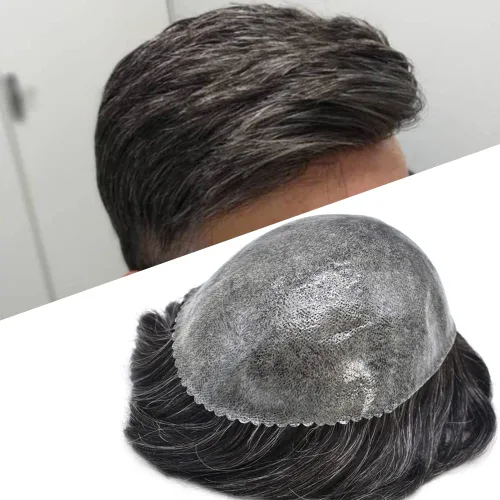 Miniatura 35 de Toupee - Sistema de reemplazo de cabello de polietileno completo para hombre, cabello humano europeo para hombre, tupé de 0.004 in, piel duradera
