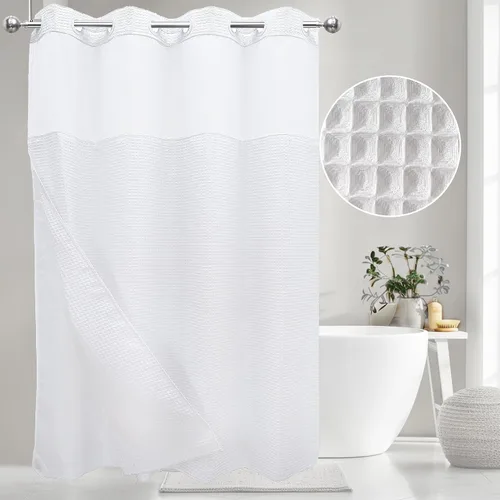 Miniatura 8 de VIUOON Cortina de ducha sin gancho de tejido de sarga con juego de forro de tela a presión, estilo hotelero con ventana superior transparente, tela