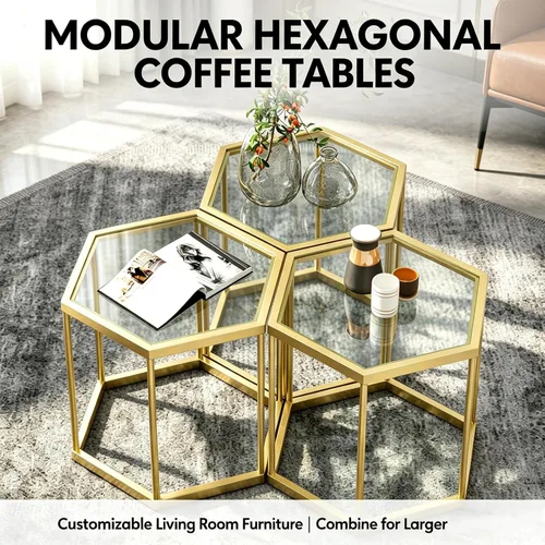 Miniatura 3 de Mesa auxiliar modular hexagonal, marco chapado en oro, parte superior de vidrio templado, mesa auxiliar geométrica, mesa anidable multiusos