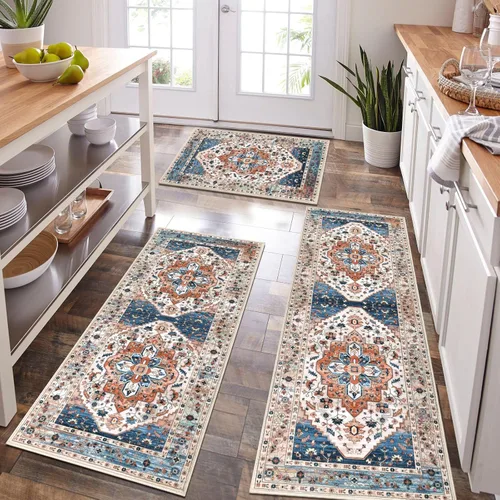 Miniatura 30 de HEBE - Juego de alfombras de cocina bohemias de 3 piezas con corredor, alfombras de cocina antideslizantes y tapetes lavables para piso de cocina