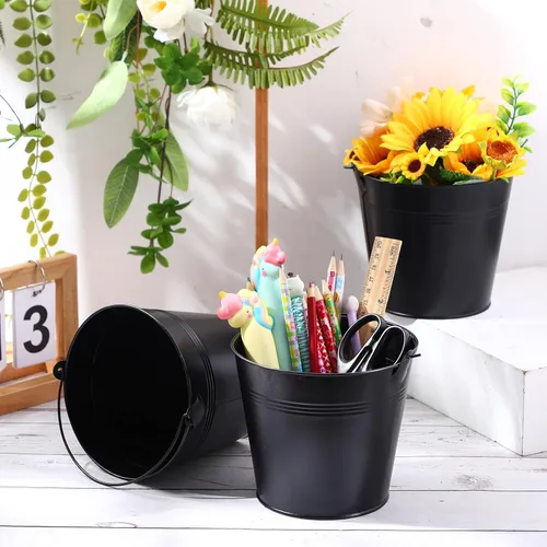 Miniatura 4 de Rtteri 24 cubos pequeños de metal con asa, mini cubetas a granel para lápices para aula, graduación, fiestas, canastas de hierro para flores de Negro