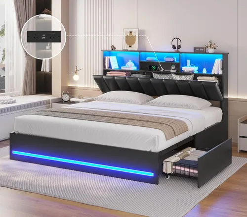 Miniatura 12 de AOGLLATI Base de cama individual con 4 cajones de almacenamiento, estación de carga y luces LED, marcos de cama individual con elegante cabecero