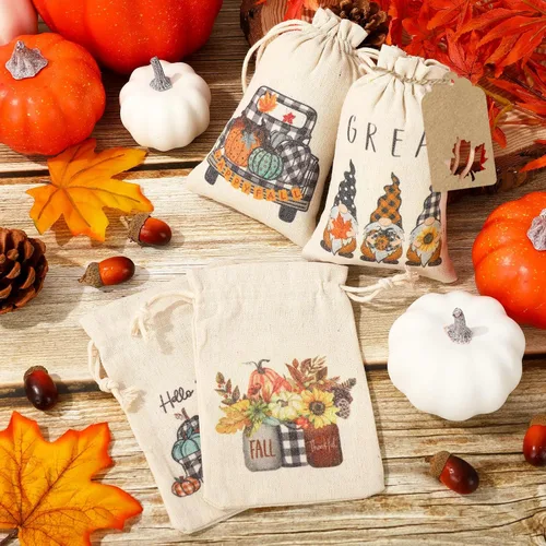Miniatura 3 de Whaline 24 bolsas de arpillera de otoño de 4 x 6 pulgadas, gnomos a cuadros de búfalo, bolsas de calabaza con etiqueta de papel kraft de hoja