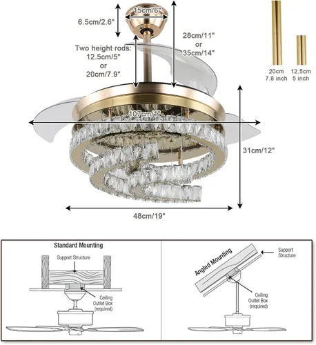 Miniatura 6 de Ventilador de techo regulable de 42 pulgadas con luz y control remoto de cristal, moderno ventilador retráctil con memoria, motor silencioso, 6